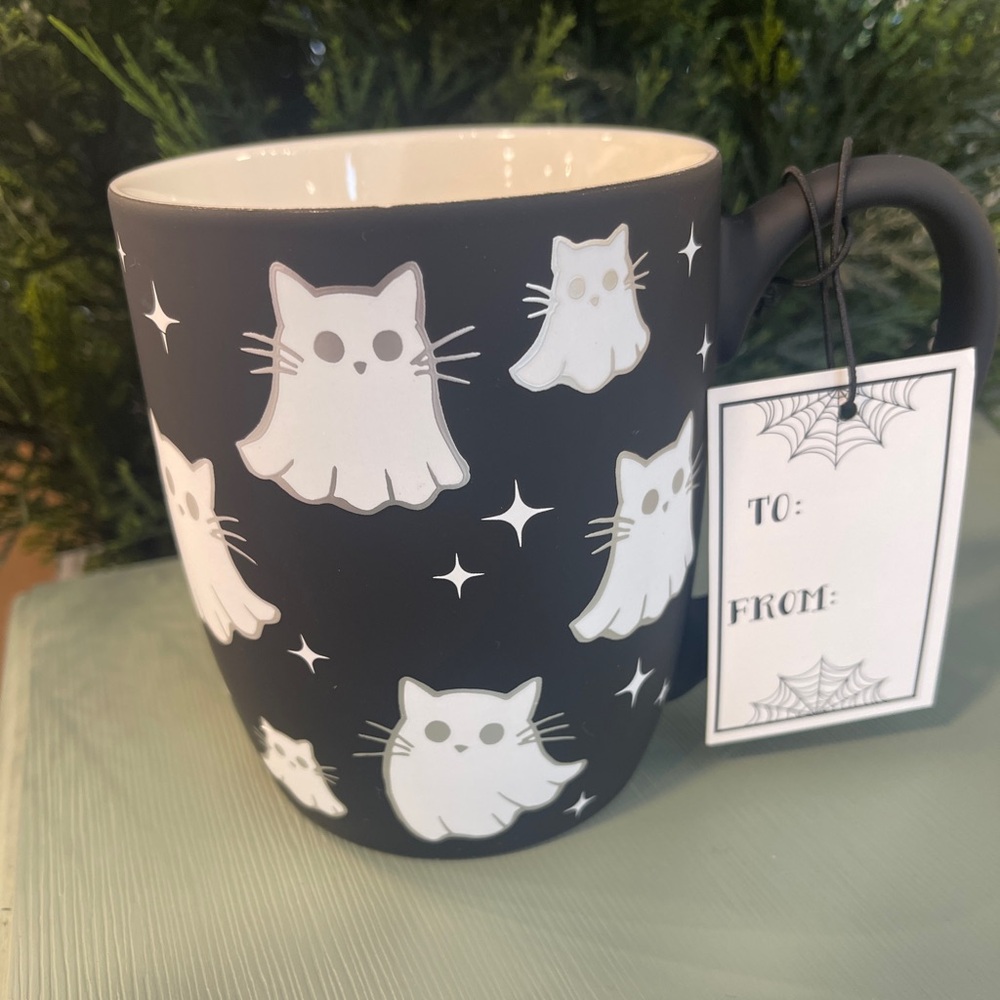Halloween Ghost Cats Metallic Black Smooth Matte Soft Touch Mug NWT